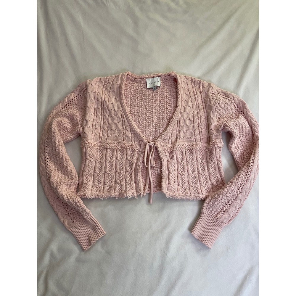 Pink Rose Cropped Cardigan Sweater Pink Cable Knit Tie Front Fringe XS